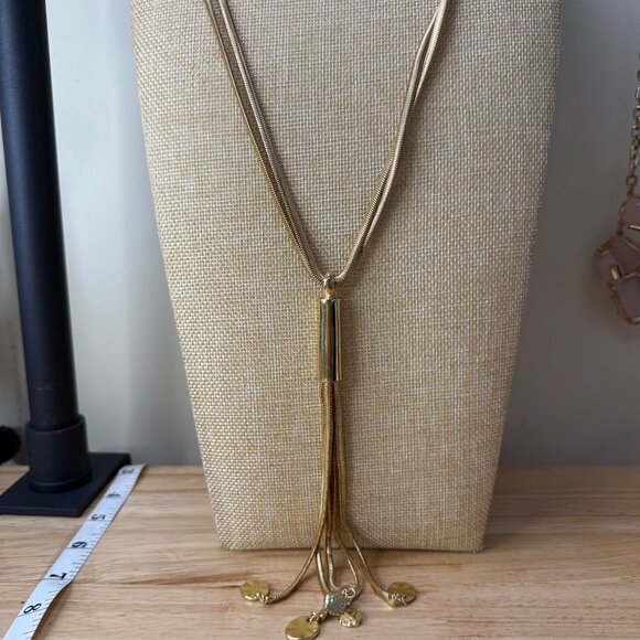 Long Gold-Tone Tassel Necklace With Cylinder Pendant & Dangling Charms By Chicos - Picture 2 of 11